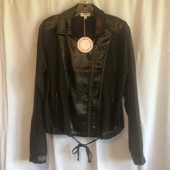 Umgee Sheer Satin Bomber Asymmetrical Zip Jacket Dark Olive Army Green Small - Picture 4 of 9